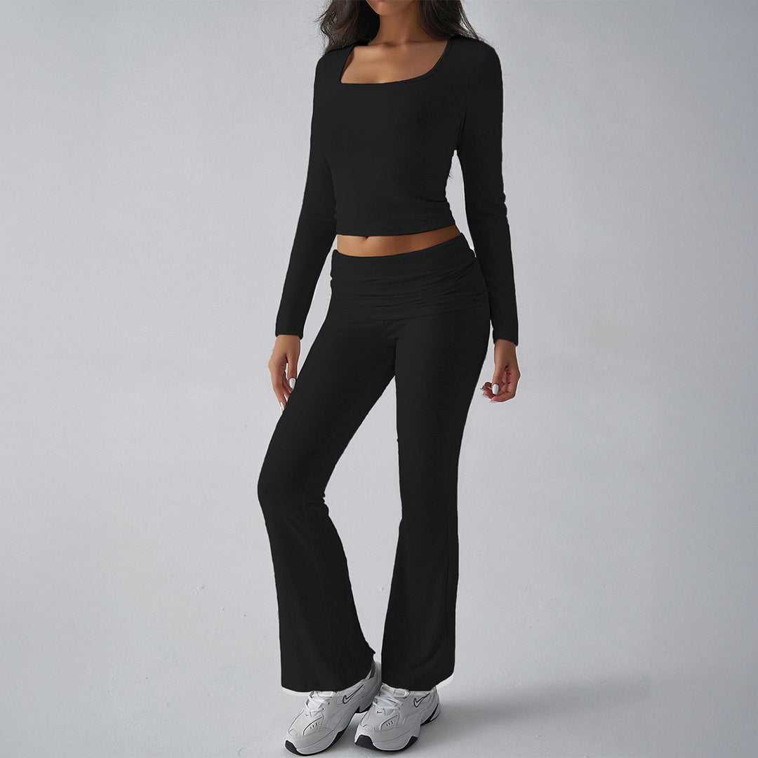 Damen nan figurbetontes Cropped-Set mit langärmeligem Top mit quadratischem Ausschnitt und ausgestellter High‑Waist Yoga-Hose Drune