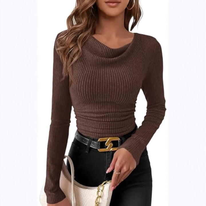 Damen Figurbetontes Feinripp-Longsleeve mit asymmetrischem Wasserfallkragen Drune