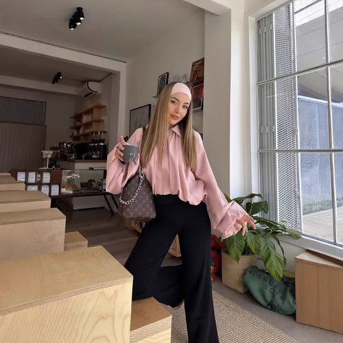 Damen Cropped-Blusenjacke mit voluminösen Ballonärmeln und Reverskragen Drune
