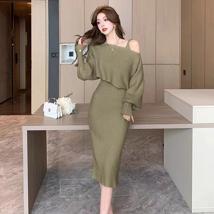 Damen Elegantes Strickkleid mit V-Ausschnitt und passendem Cardigan Drune