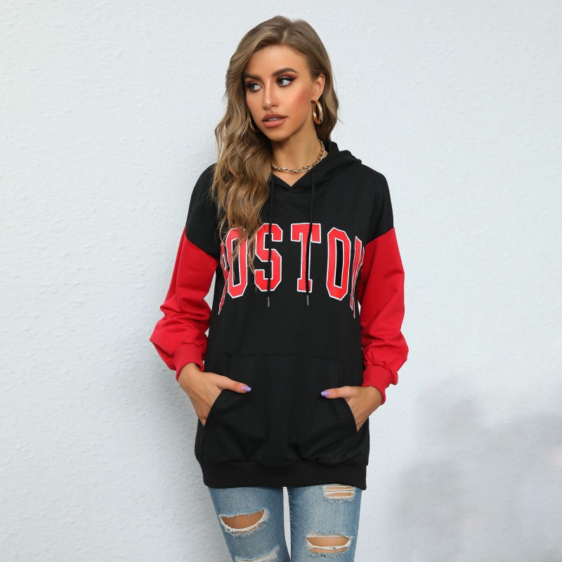 Damen Oversize Kapuzenpullover mit Blockingärmeln und Boston-Frontprint Drune