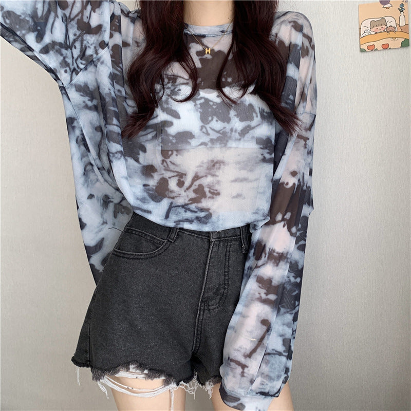 Damen transparenter Longsleeve-Oberteil mit modernem Tie-Dye-Muster Drune