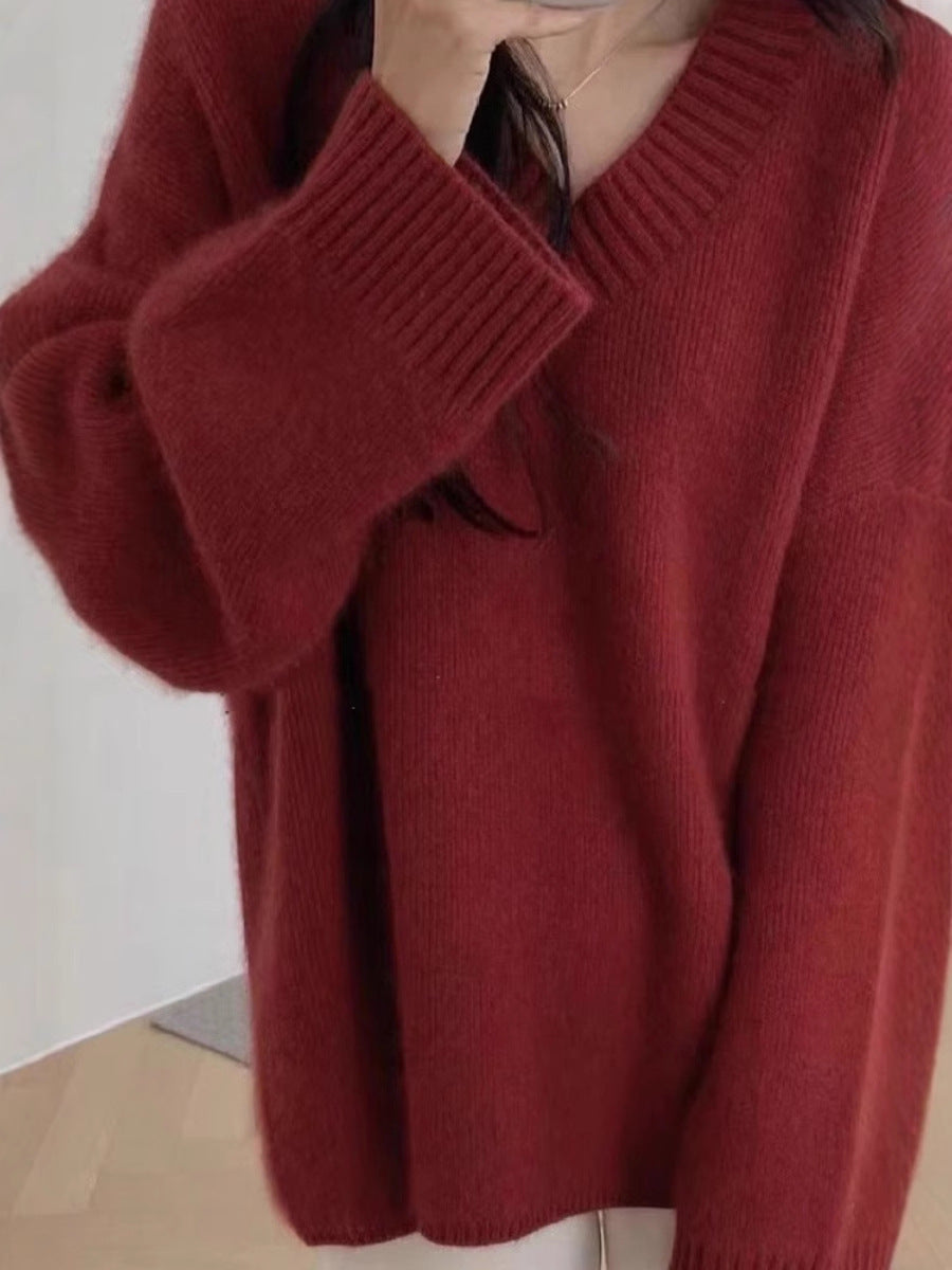 Damen Oversize V-Ausschnitt-Pullover im Mohair‑Look Drune