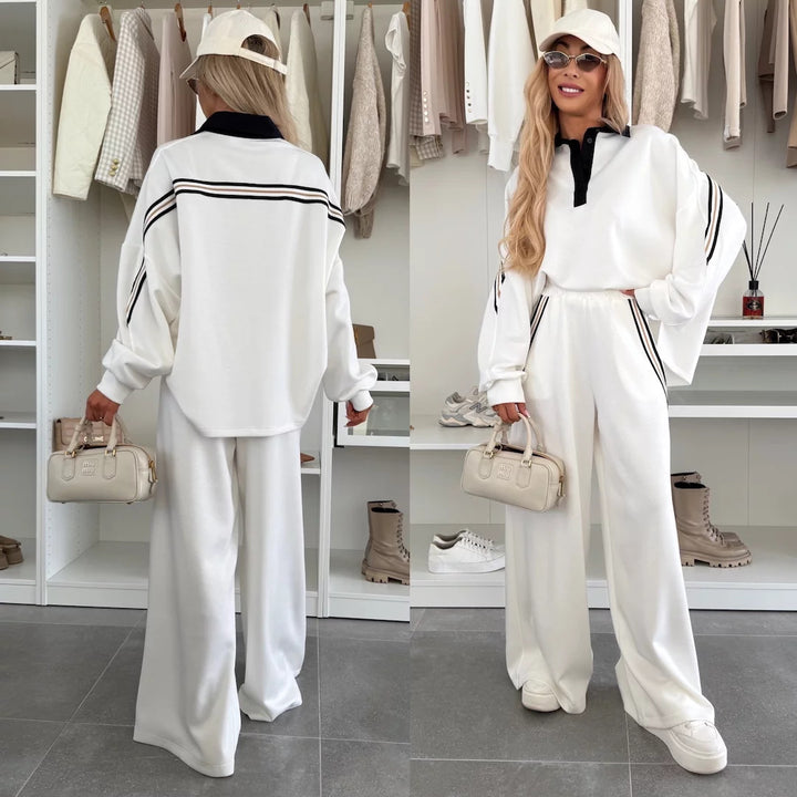 Damen modisches Relax-Set mit Polokragen, markanten Paspelstreifen und weitem Palazzo-Jogger Drune
