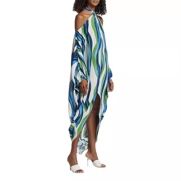 Damen Maxikleid mit asymmetrischem Saum und modischen Streifen Drune