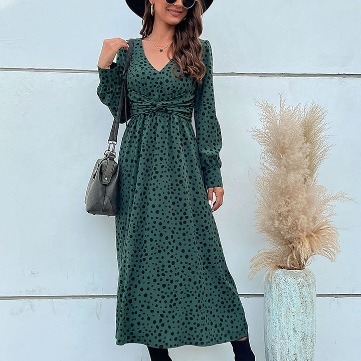 Damen Midikleid im Retro-Pünktchen-Design mit Wickeloptik, V-Ausschnitt und tailliertem Bindegürtel Drune