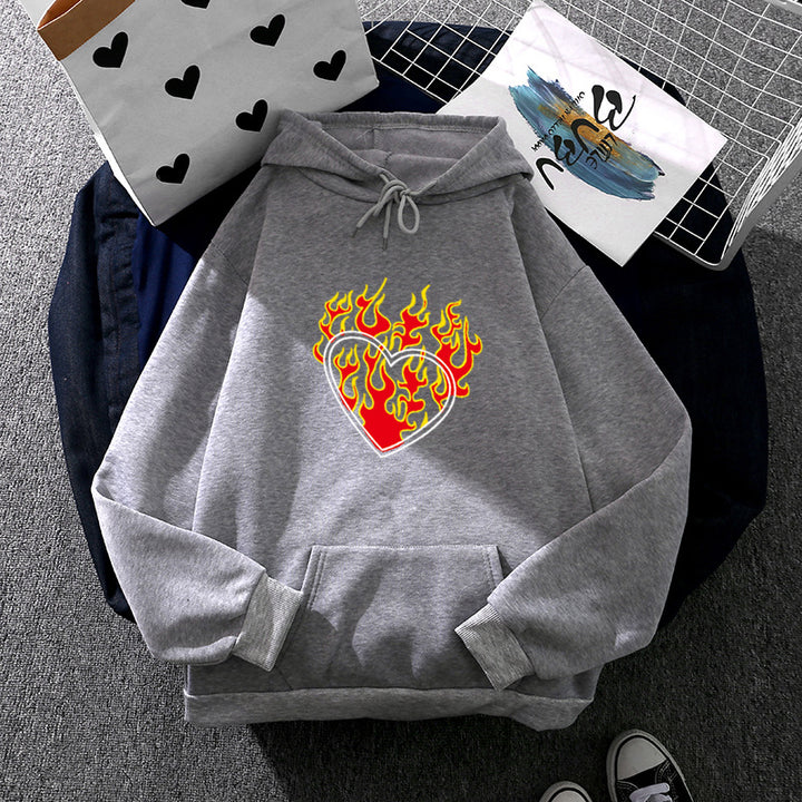 Damen nan leichter Oversize Kapuzenpullover mit Herz‑EKG‑Motiv, langen Kordeln und elastischem Bund Drune