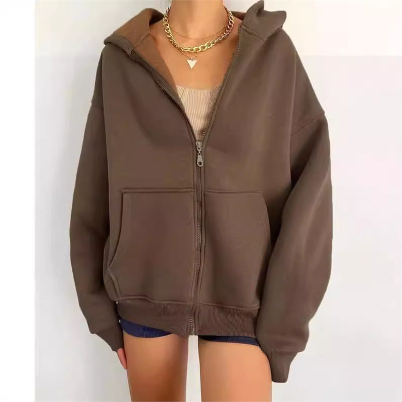 Damen nan oversized Zip-Hoodie mit French-Terry Fleece, Kängurutaschen und verlängerten Ärmelbündchen Drune