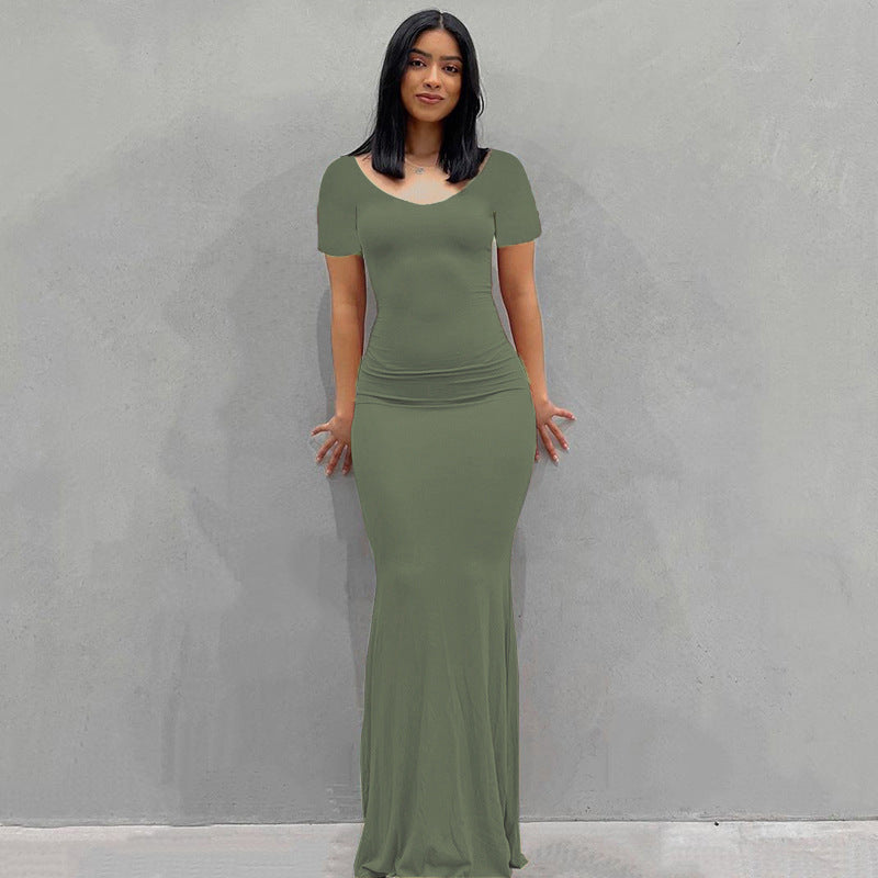 Damen Körperbetontes Maxi‑Jerseykleid mit taillierter Drapierung, langen Ärmeln und ausgestelltem Saum Drune