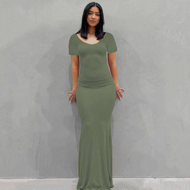 Damen Körperbetontes Maxi‑Jerseykleid mit taillierter Drapierung, langen Ärmeln und ausgestelltem Saum Drune