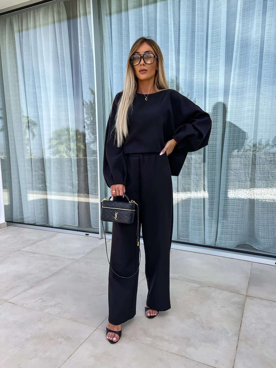 Damen eleganter Jumpsuit mit weitem Bein und voluminösen Ärmeln Drune