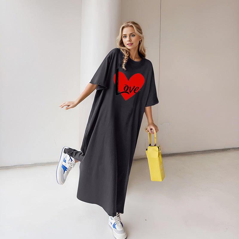 Damen nan locker geschnittenes Maxikleid mit großem Herzgrafikprint und Rundhalsausschnitt Drune