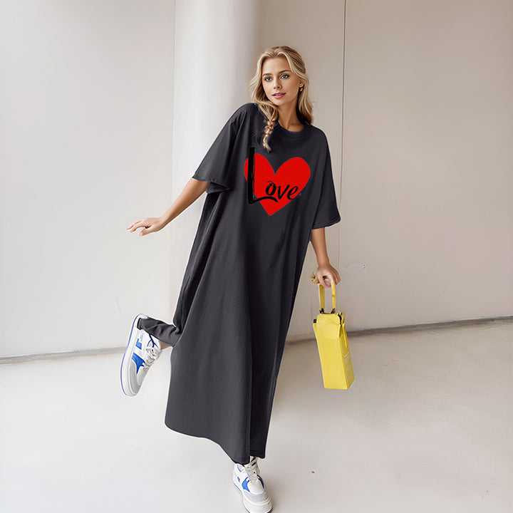 Damen nan locker geschnittenes Maxikleid mit großem Herzgrafikprint und Rundhalsausschnitt Drune
