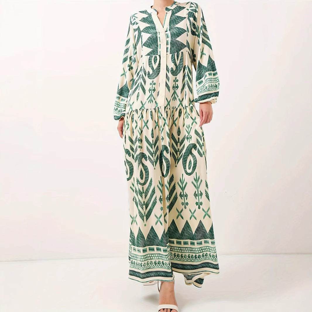 Damen Maxikleid mit kunstvollem geometrischen Muster und Knopfdetails Drune