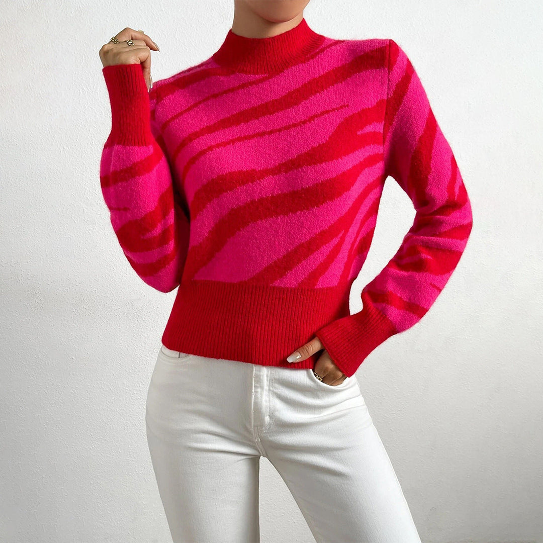 Drune | Gestricktes Zebra Muster Halb Hochkragen Reguläre Passform Gerippter Saum