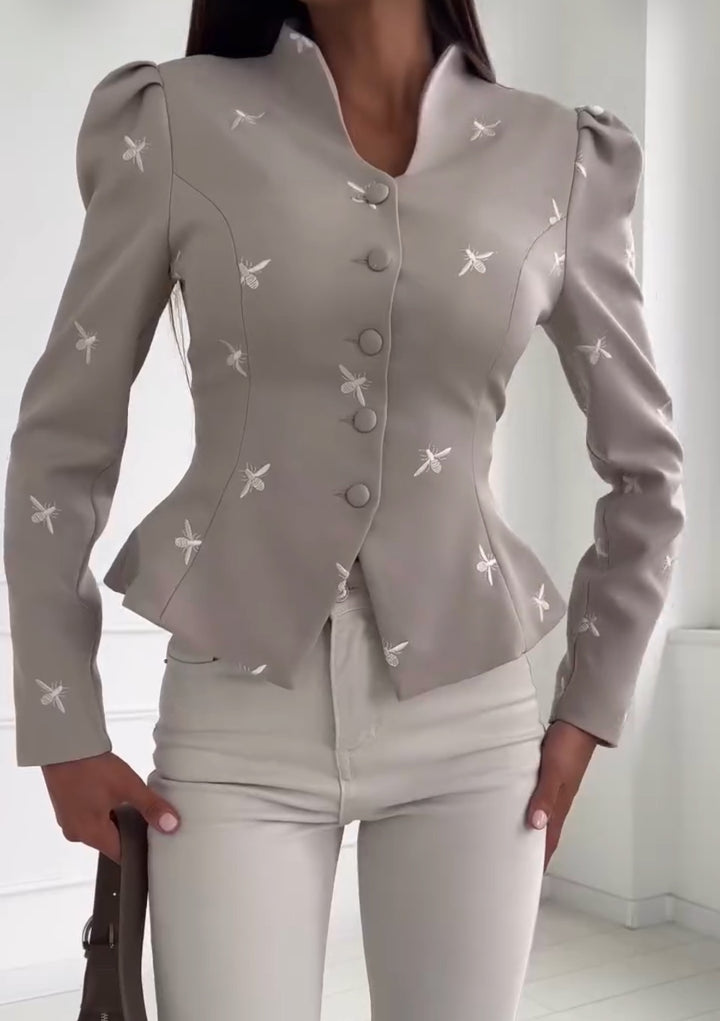 Damen Taillierter Peplum‑Blazer mit geschwungenem Stehkragen und Puffschulter‑Details Drune