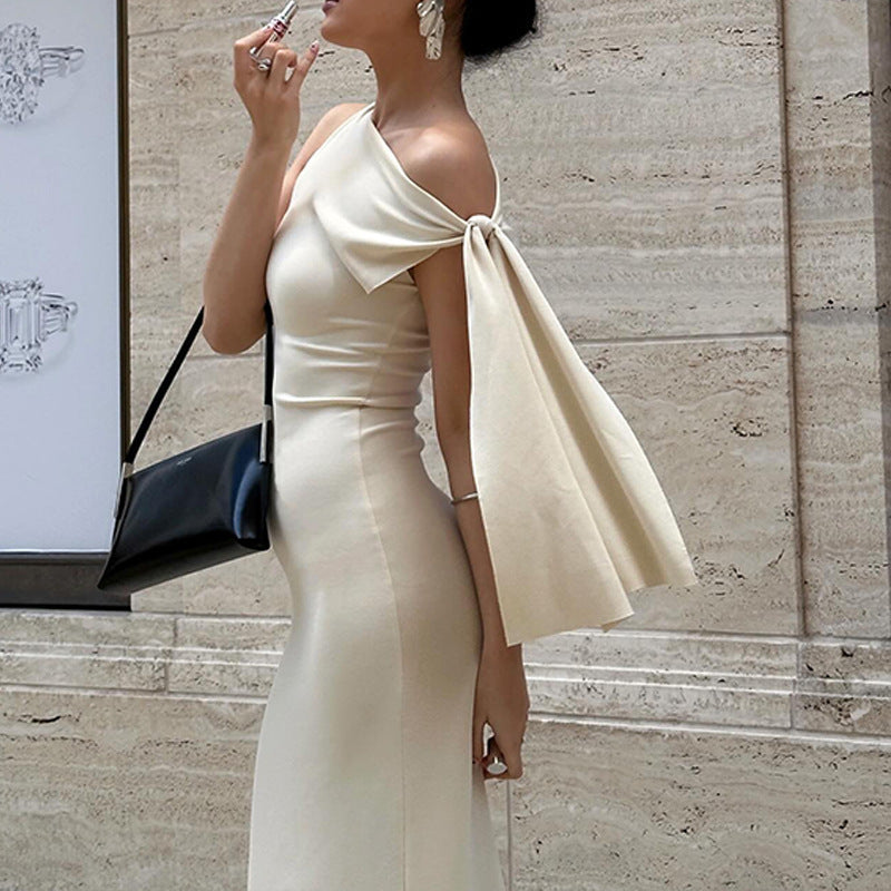 Damen Maxikleid mit asymmetrischem Ausschnitt und raffiniertem Schleifendetail Drune