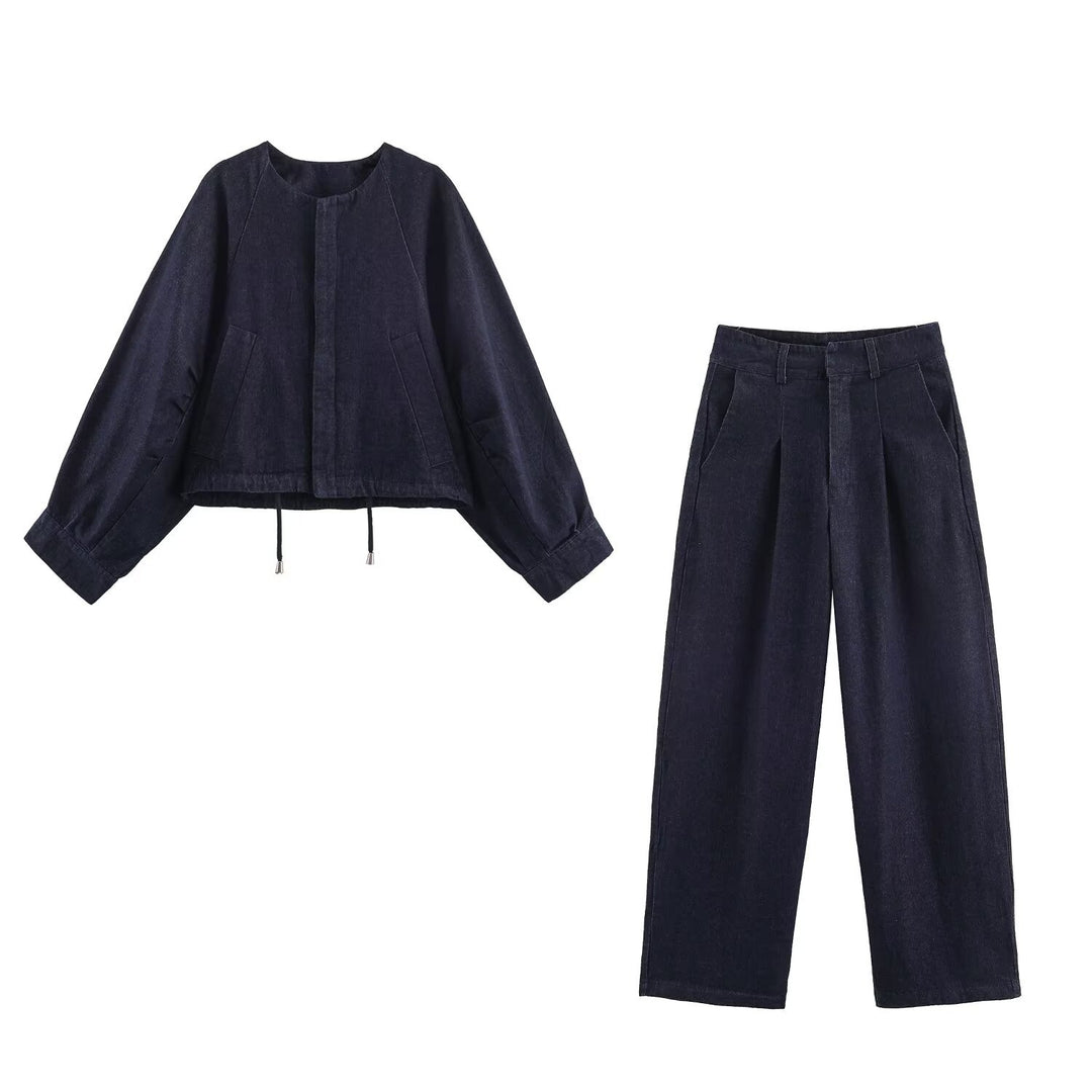 Damen Oversized Cropped Denim-Jacke mit Tunnelzug, Raglanärmeln und verdeckter Druckknopfleiste Drune