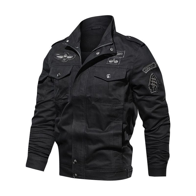Herren Militärische Canvas-Fieldjacke mit Aufnähern und Stehkragen Drune