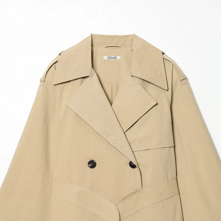 Damen kurzgeschnittener Trenchcoat mit Taillengürtel und Doppelreiher Drune