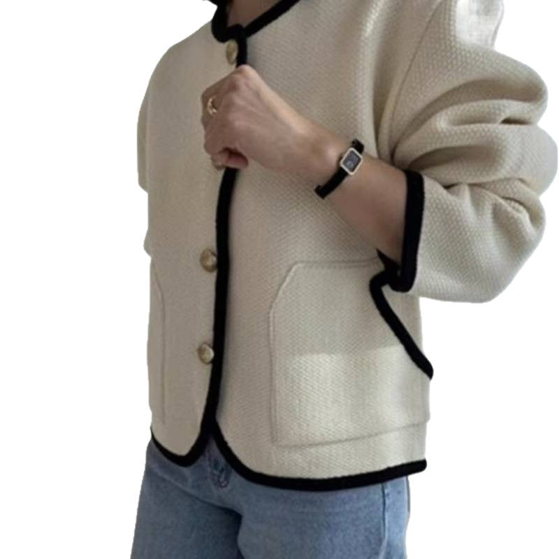 Damen Cardigan mit dekorativen Knöpfen und farblich abgesetztem Kragen Drune
