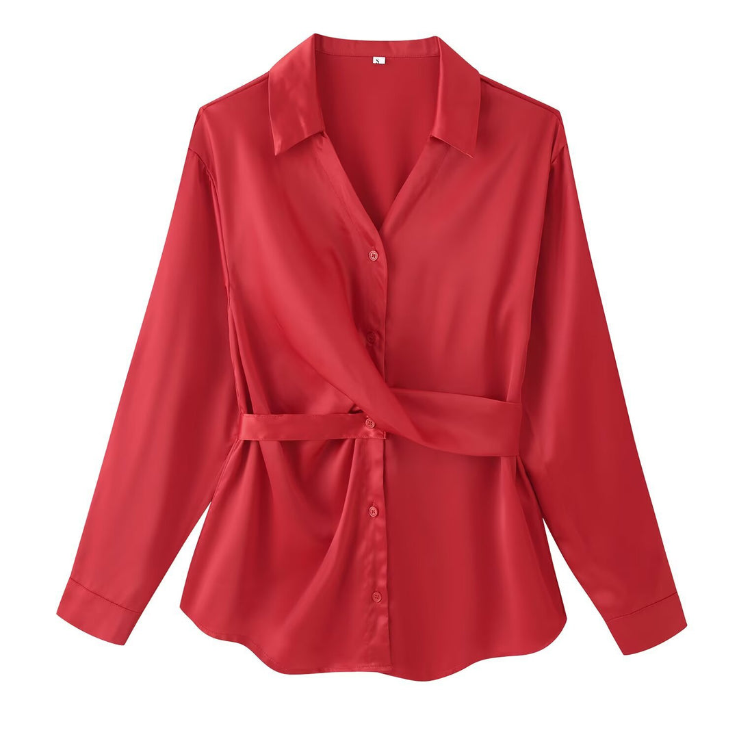Damen Bluse mit Taillengürtel, V-Ausschnitt und langen Ärmeln Drune