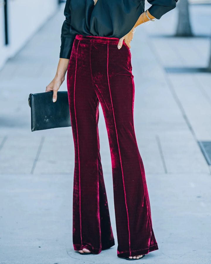 Damen High-Waist Samt Flared Weite Bein Hose Drune
