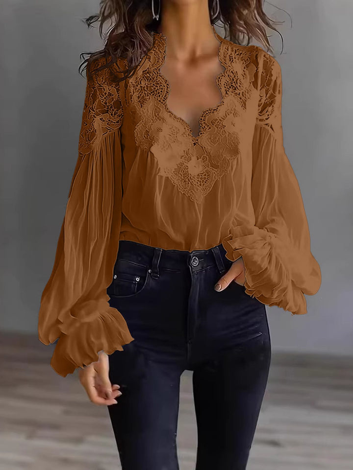 Damen Chiffon-Bluse mit Spitzen-V-Ausschnitt und weiten Plissee-Ärmeln Drune