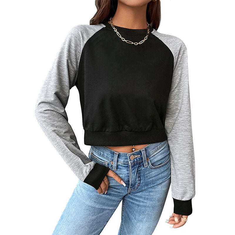 Damen Kurzschnitt-Sweatshirt mit Raglanärmeln und kontrastierenden Ärmeln Drune