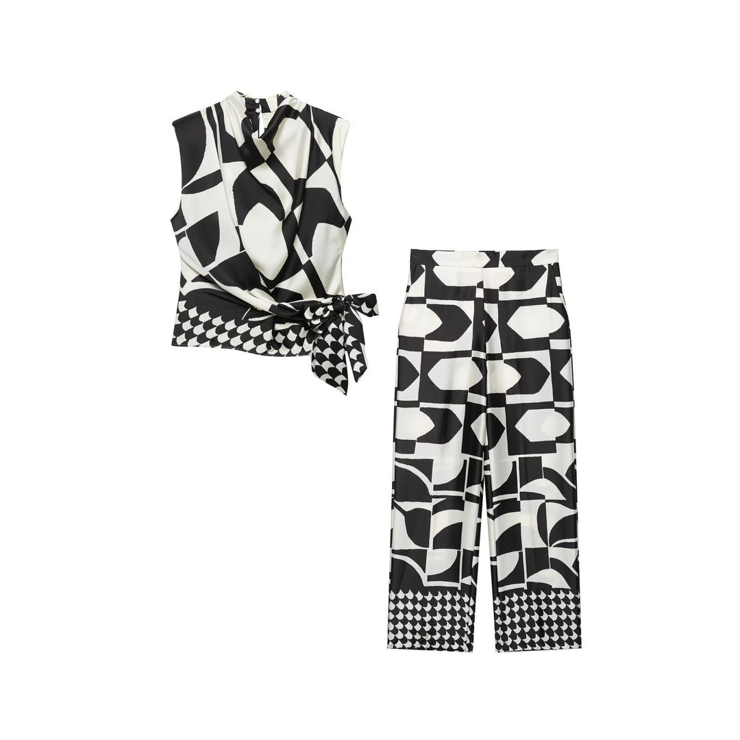 Damen Weite Palazzohose mit hoher Taille, Mittelfalte und grafischem Blockprint Drune
