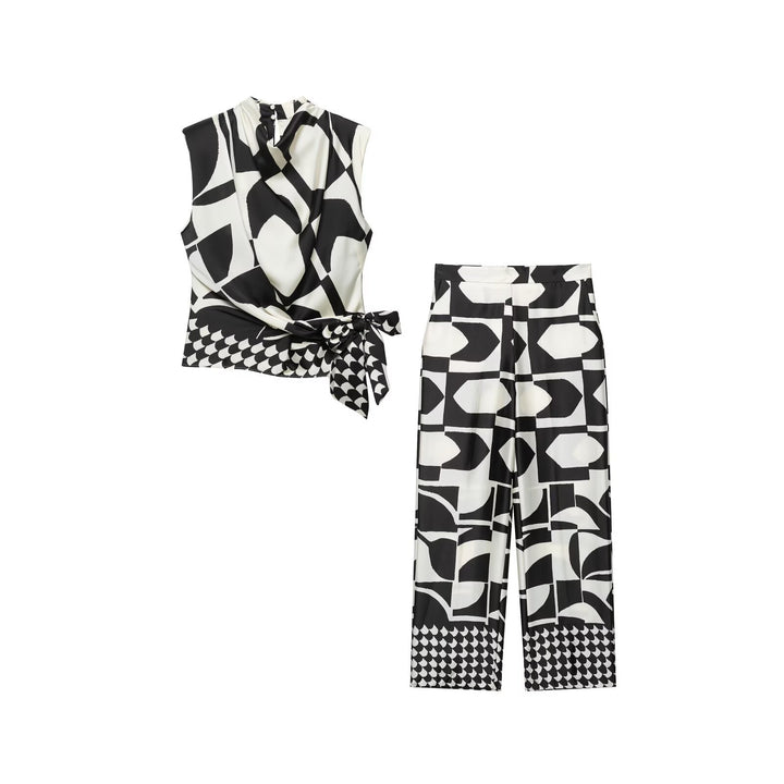 Damen Weite Palazzohose mit hoher Taille, Mittelfalte und grafischem Blockprint Drune