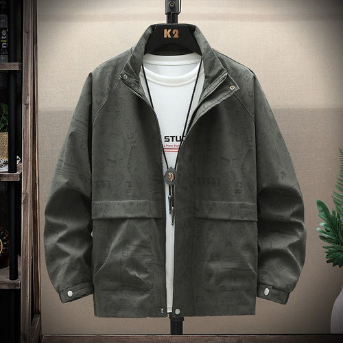 Herren leichte Overshirt-Utility-Jacke mit Allover-Print, Stehkragen & verdecktem Reißverschluss Drune