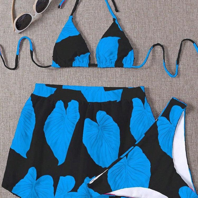 Damen Bikini-Set mit lässigem Rock und verspieltem Tropenblattmuster Drune
