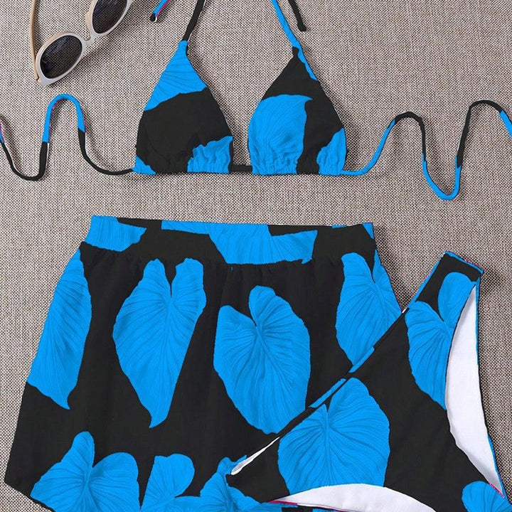 Damen Bikini-Set mit lässigem Rock und verspieltem Tropenblattmuster Drune