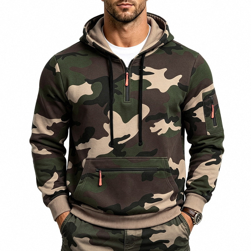 Herren Kapuzenpullover mit Tarnmuster, Reißverschlusstaschen und Kängurutasche Drune
