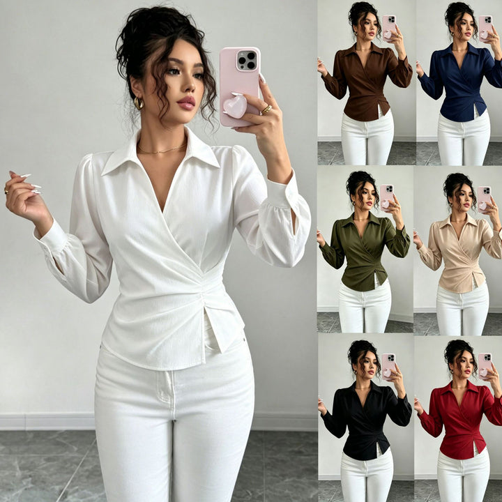 Damen Wickelbluse mit Taillenraffung, Hemdkragen und Ballonärmeln Drune