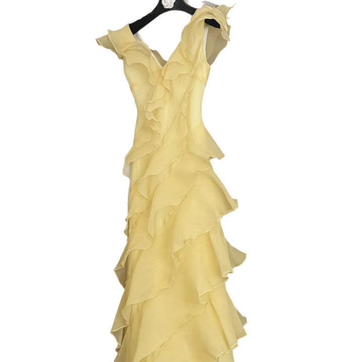 Damen Maxi-Kleid mit elegantem Wasserfall-Rüschendesign und off-shoulder Trägern Drune