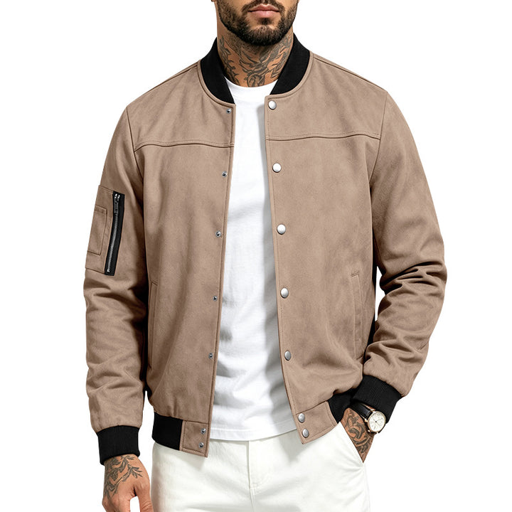 Herren Veloursleder‑Optik Bomberjacke mit Druckknopfleiste, Ärmeltasche und Rippbündchen Drune