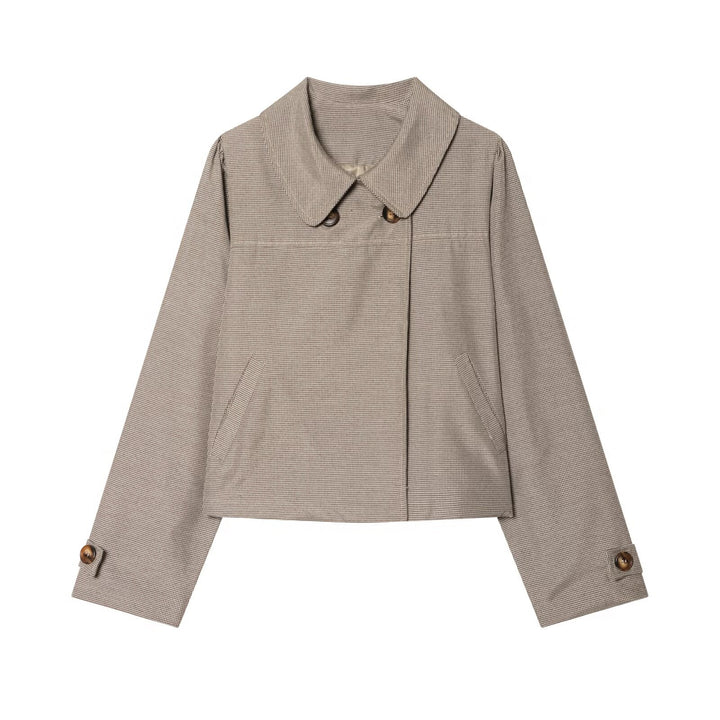 Damen Cropped-Jacke im Glencheck mit rundem Kragen und verdeckter Knopfleiste Drune
