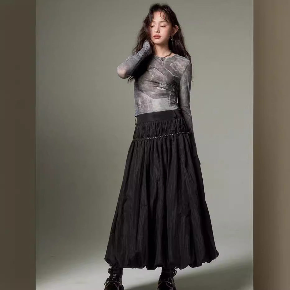 Damen midi Rock mit elastischem Bund und voluminösem Schnitt Drune