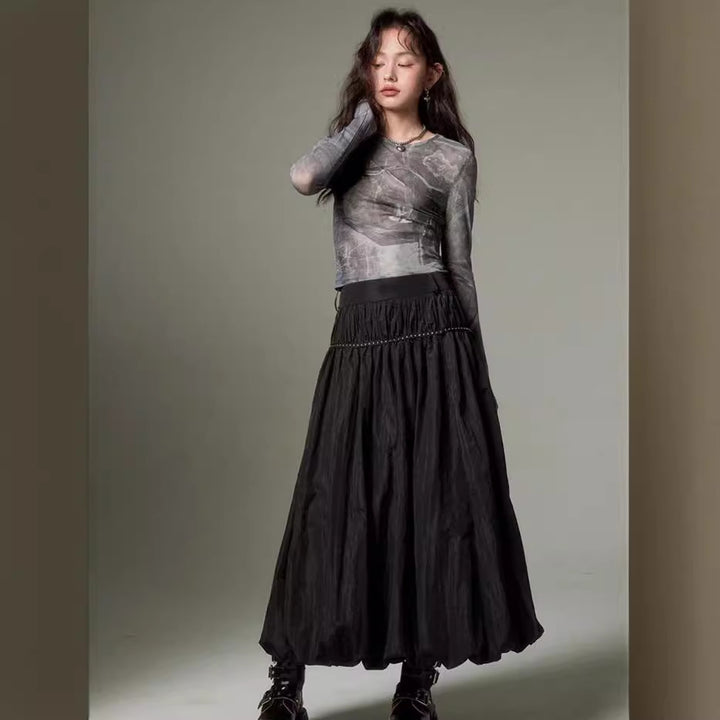 Damen midi Rock mit elastischem Bund und voluminösem Schnitt Drune