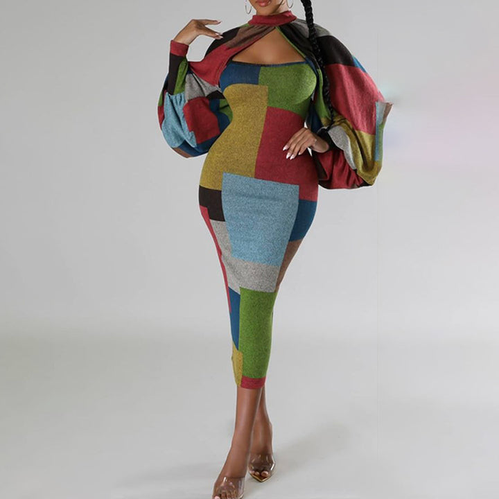 Damen Figurbetontes Patchwork-Kleid mit Überwurf Drune