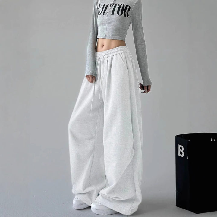 Damen nan weite taillenhohe Loungehose aus weichem Baumwollmix mit Tunnelzug und Seitentaschen Drune