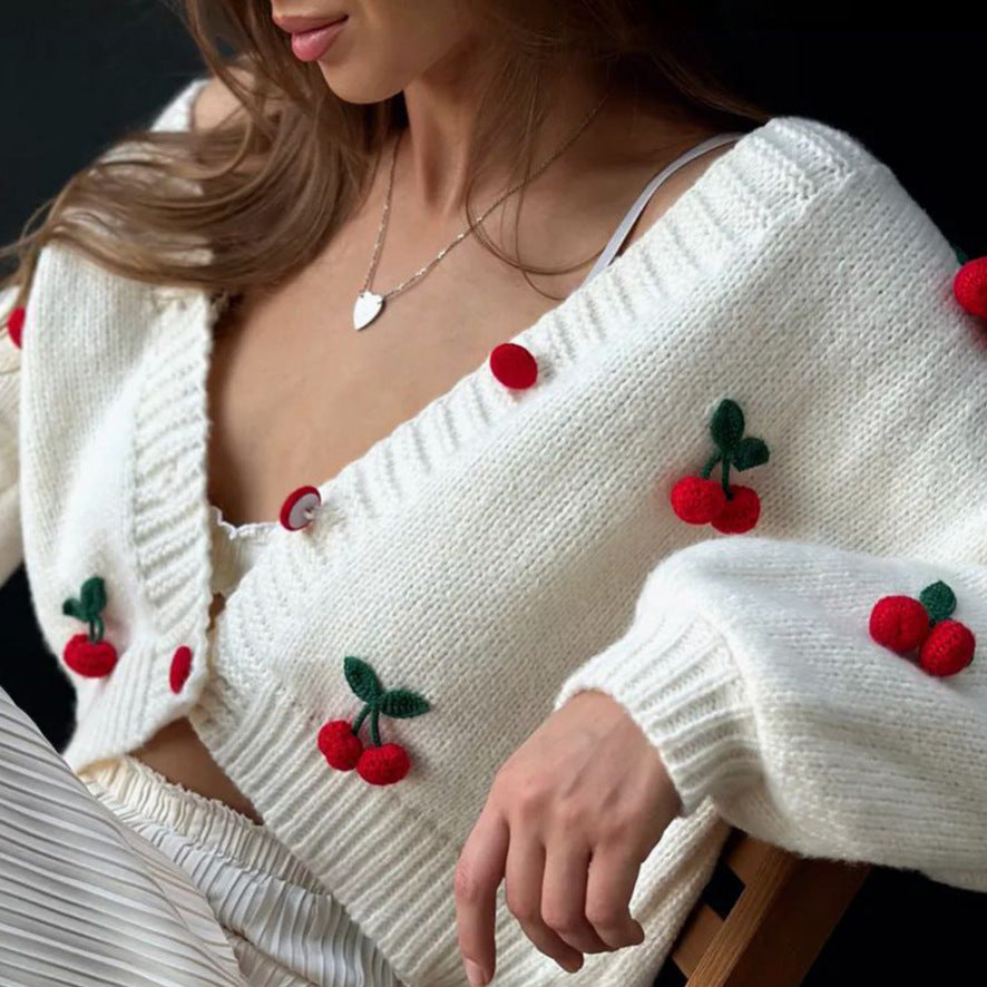 Damen Verspielter Strickcardigan mit Kirschapplikationen Drune