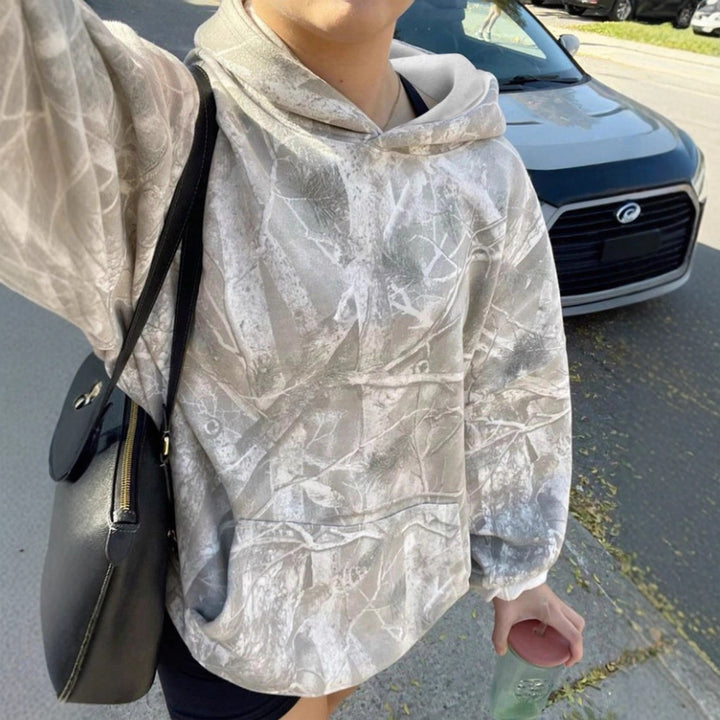Damen Oversize Kapuzenpullover mit Naturmuster und Kängurutasche Drune
