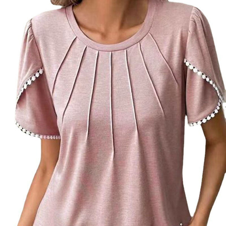 Damen nan Rundhals-Shirt mit dekorativer Kellerfalten-Front, Flatterärmeln und Pompon-Borte Drune