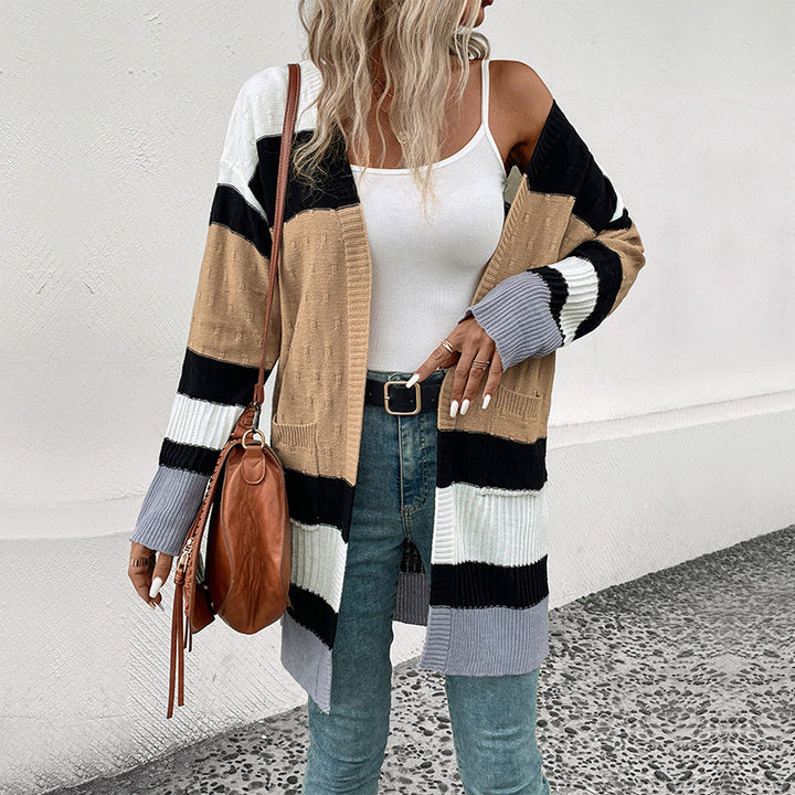 Damen Langer Gestreifter Strickcardigan mit aufgesetzten Taschen und offener Front Drune