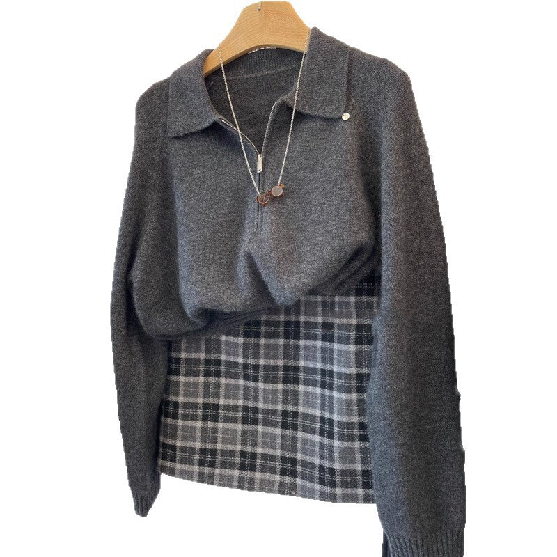 Damen Kuscheliger Pullover mit Stehkragen und kurzem Reißverschluss Drune