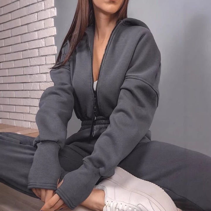 Damen Taillierter Kapuzen-Sweat-Jumpsuit mit Reißverschluss und elastischem Taillenbund Drune