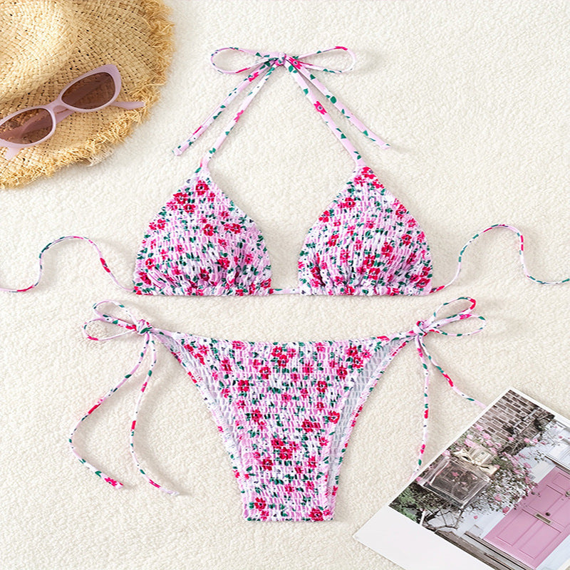 Damen Floral Push-Up-Bikini-Set mit verspielten Bindebändern Drune